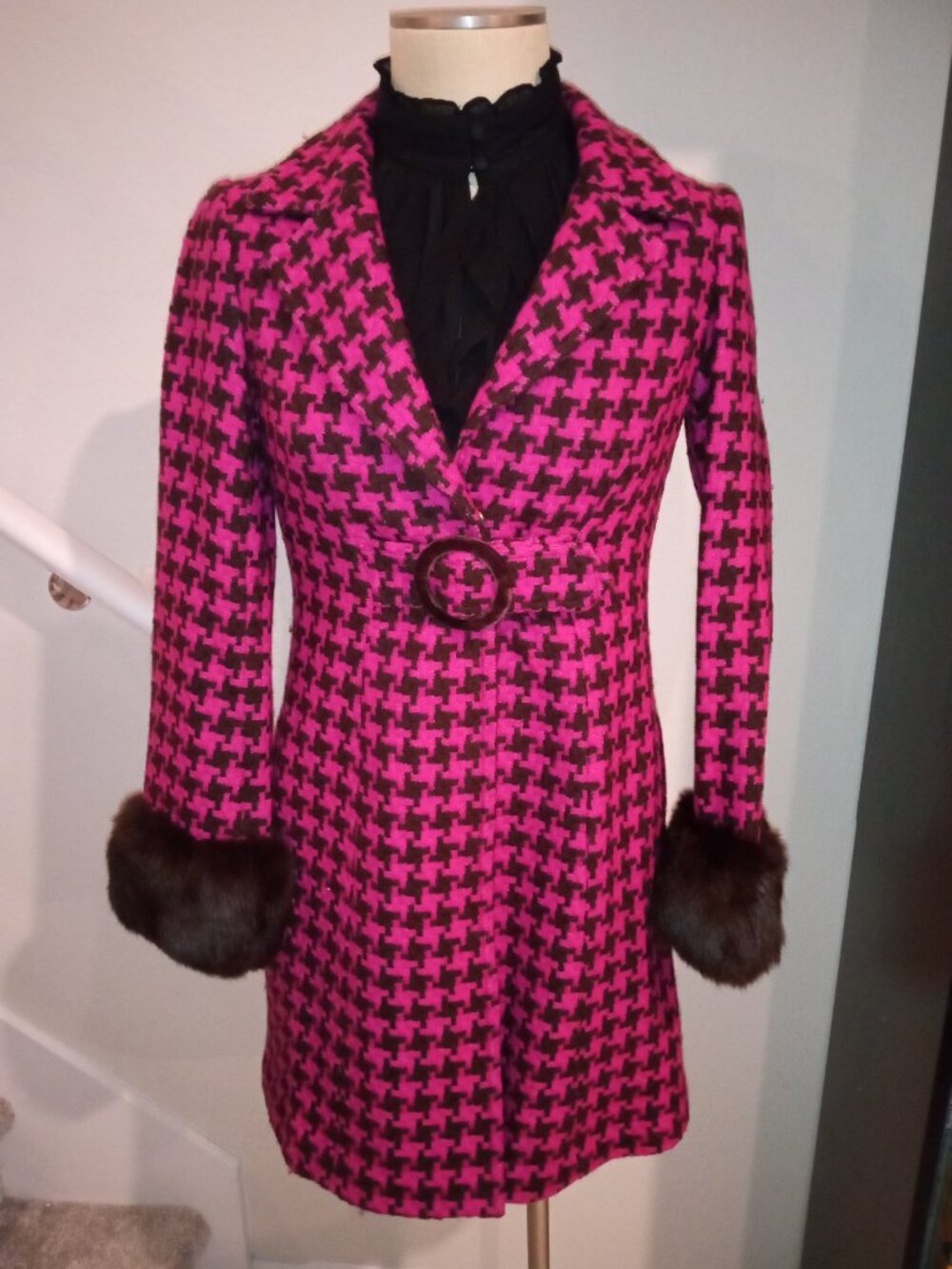 Nanettel Lepore Houndstooth Pink Coat Fur Trimmed